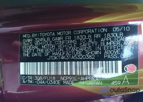 2010 Toyota Yaris from USA, damaged, VIN JTDKT4K31A5320382